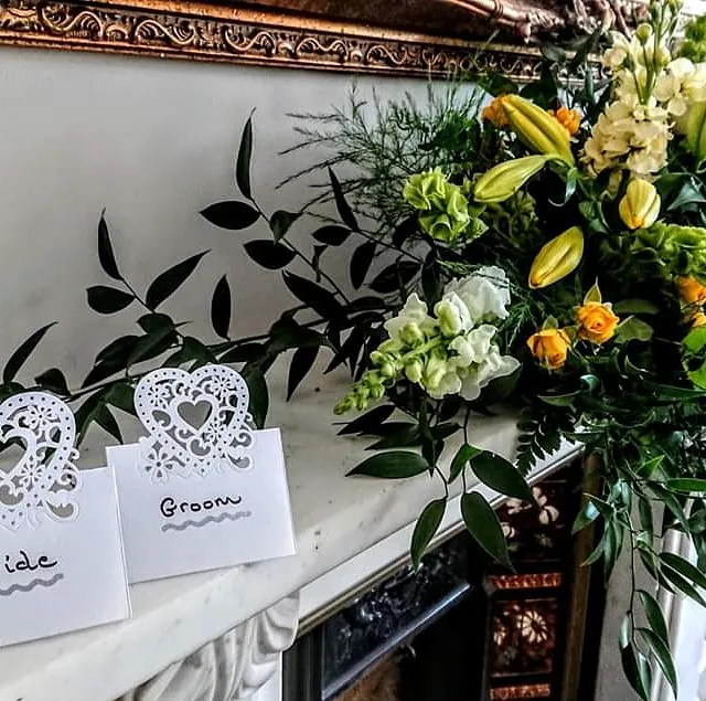 Wedding bouquet on fireplace